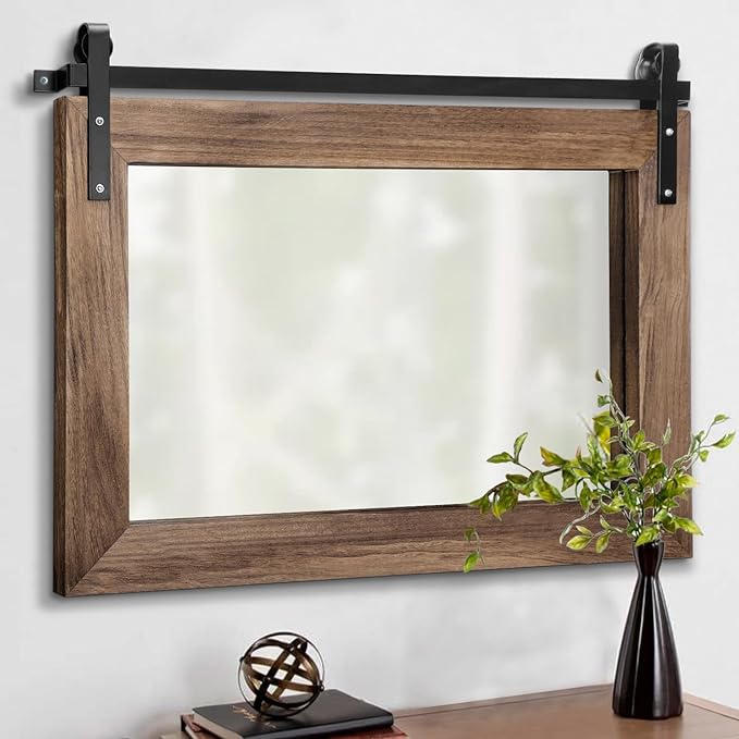 AAZZKANG Wood Mirror Rectangle Large Rustic Wall Mirror 18"x26" with Framed Bedroom Living Room Bathroom Hanging Mirror Horizontal