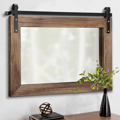 AAZZKANG Wood Mirror Rectangle Large Rustic Wall Mirror 18"x26" with Framed Bedroom Living Room Bathroom Hanging Mirror Horizontal