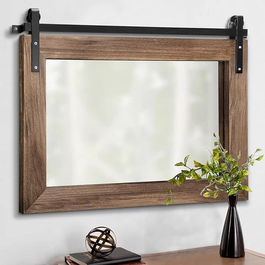 AAZZKANG Wood Mirror Rectangle Large Rustic Wall Mirror 18"x26" with Framed Bedroom Living Room Bathroom Hanging Mirror Horizontal