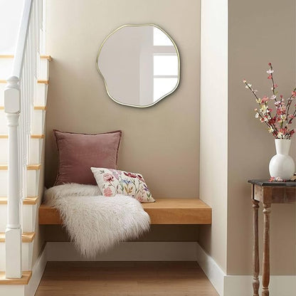 POZINO Irregular Shaped Mirror, 16" Asymmetrical Mirror, Gold Scalloped Rounded Mirrors, Modern Frameless Abstract Mirrors for Living Room Bedroom Bathroom Entryway Fireplace Hallway