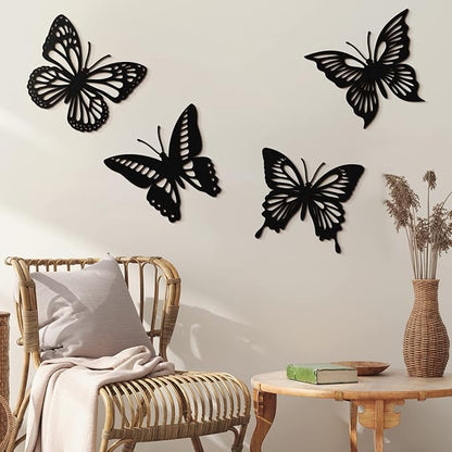 Qunclay 4 Pcs Wooden Butterfly Wall Decor Large Butterfly Wall Art Boho Home Hanging Modern Sculpture Decorations Modernist Signs for Living Room Bathroom Yard Gallery Indoor Outdoor(Black)