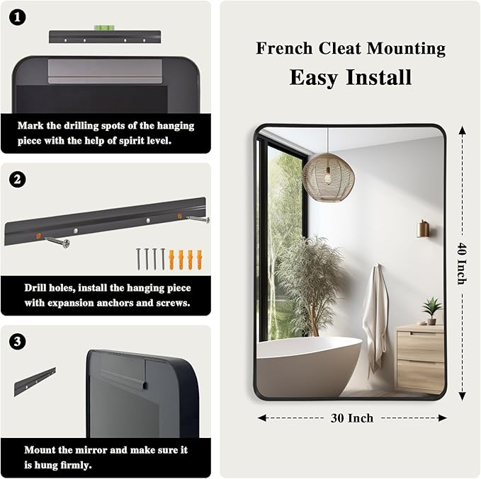 Anpark Wall Mirror 30" x 40" for Bathroom Black Metal Deep Frame Mirror for Wall Decorative Rectangular Round Corner Wall Mounted Vanity Mirror for Bedroom Living Room Entryway Wall Decor