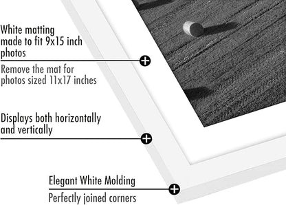 Americanflat 11x17 Picture Frame with Polished Plexiglass - Set of 5 - Use as 9x15 Frame with Mat or Display 11x17 Photo Without Mat - Galleria Collection - Picture Frames for Wall Display - White