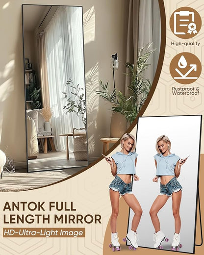Antok Full Length Mirror, 56"x15" Floor Mirror, Floor Standing Freestanding Full Body Mirror with Stand for Bedroom, Hanging Mounted for Living Room Cloakroom, Black