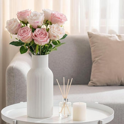 White Tall Ceramic Vase, Modern Matte Vertical Ribbed, Nordic Minimalist for Pampas, Dried & Fresh Flowers, Home Decor for Living Room, Coffee Table, Bookshelf, Entryway, Farmhouse