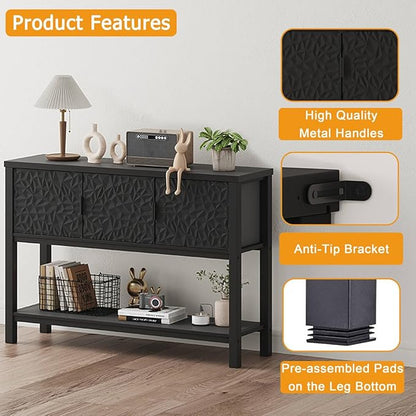 FATORRI Black Console Table with Storage, 47” Modern Farmhouse Entryway Table with 3 Doors, Sofa Table for Hallway, Living Room, Foyer