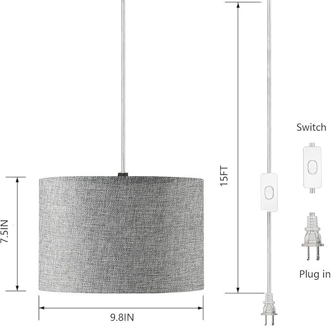 Plug in Hanging Lamp with RGB Smart Bulb Plug-in Cord Pendant Light with 15ft Cord Fixture Pendant Lights for Bedroom Kitchen Living Room Dining Room