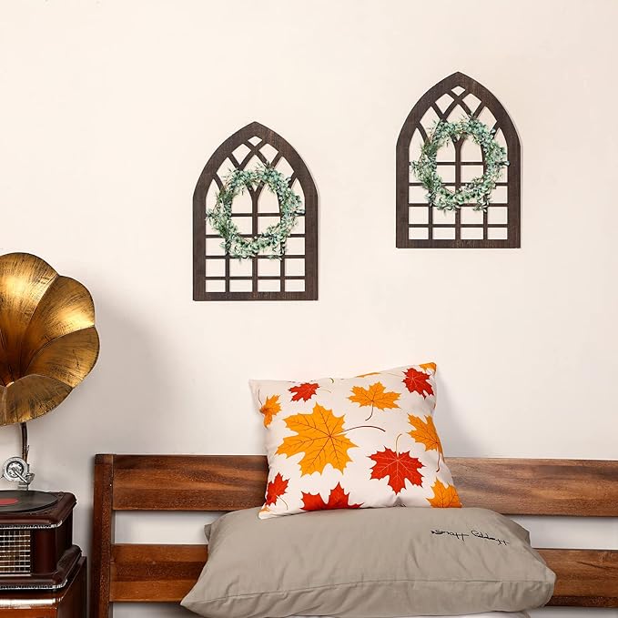 Yulejo 2 Pcs Rustic Window Frame Wall Decor Wooden Farmhouse Wall Decor 15.6'' x 11'' Arched Cathedral Window Home Decor Fake Window Pane Vintage Wall Art for Entryway Living Room Bedroom (Dark Brown)