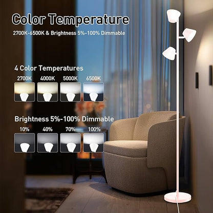 White 42W Tree Floor Lamp, 4200LM Super Bright LED Floor Lamps for Living Room with Remote & Touch Control, 3 Rotatable Lights 4 Color Temperatures, Modern Tall LED Standing Lamp for Bedroom Office