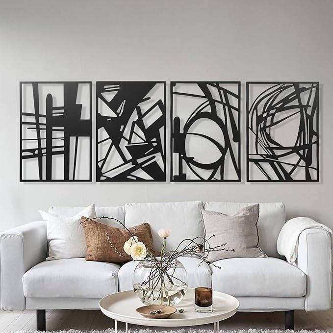 AMAATE Minimalist Abstract Line Art Metal Wall Decor Set of 4, Black Iron Geometric Sculptures with Curved Patterns and 3D Effect, Modern Artistic Wall Accents for Living Room, Bedroom, Home Office and Studio Decor, 14.6" X 22.5"