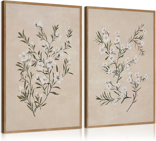 Vintage Botanical Wall Art Neutral Floral Prints Farmhouse Flower Canvas Wall Decor Watercolor Wildflower Pictures Nature Minimalist Artwork for Living Room Bedroom 16x24 Inch Unframed Set of 2