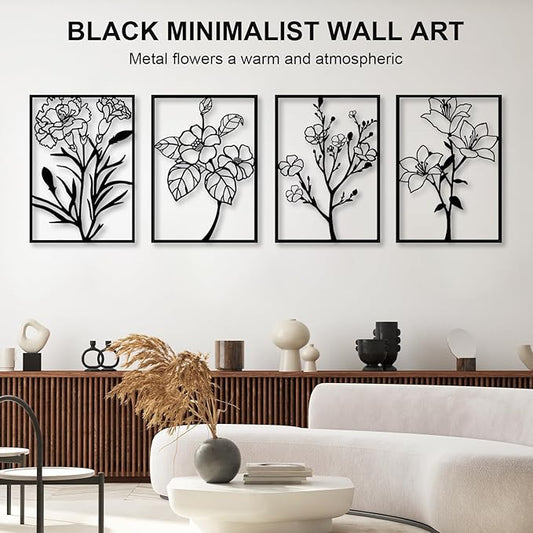 ZNZAPO 4 Pcs Black Metal Flower Wall Art, Abstract Line Art Wall Decor, Minimalist Floral Wall Hanging Art, 3d Wall Art Sculptures Decor for Living Room Bedroom Bathroom (11 × 15.7”)