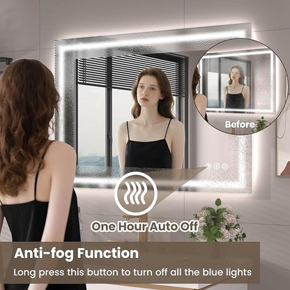 Snowdool 40"X28" LED Bathroom Mirror with Front Lights and Backlit, Anti-Fog, Dimmable, Shatter-Proof Tempered Glass, Lighted Bathroom Vanity Mirror for Wall with 3 Colors, Memory Function