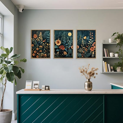 Vintage Dark Botanical Framed Canvas Wall Art Set, Colorful Floral Wall Decor, Nature Wildflower Wall Painting, Colorful Blossom Art Prints for Living Room, Bedroom, Office - 24"X36"X3
