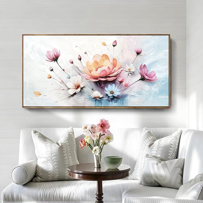 Large Framed Modern Canvas Wall Art, Abstract Natural Plant Print, Pink, Orange And Blue Textured Floral Artwork, Natural Wood Frame, Plant-Themed Wall Decoration, Suitable For Living Room, Bedroom, Dining Room, Study, Office, 48X24 Inches.