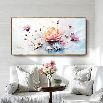 Large Framed Modern Canvas Wall Art, Abstract Natural Plant Print, Pink, Orange And Blue Textured Floral Artwork, Natural Wood Frame, Plant-Themed Wall Decoration, Suitable For Living Room, Bedroom, Dining Room, Study, Office, 48X24 Inches.