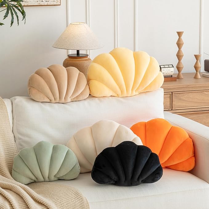 Shell Pillow, Shell Shaped Decorative Throw Pillows with Velet for Couch Bed, Cute Seashell Beachy Room Decor Aesthetic Throw Pillows for Bedroom Living Room(13x10 Inches, Black)