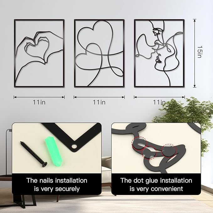 KOYILTD 3 Pcs Metal Minimalist Wall Art Love Wall Decor Metal Line Wall Art Bedroom Decor for Couples Love Decoration for Bedroom Living Room Bathroom Valentine's Day Decoration (Black)
