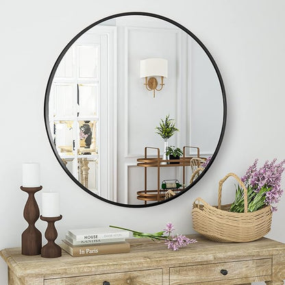HARRITPURE Round Mirror 23.6" Black Wall Mounted Circle Mirror with Aluminum Alloy Frame Modern Design for Bathroom, Living Room, Vanity, Bedroom, Entryway