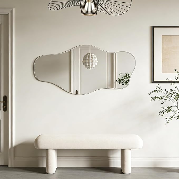 Irregular Frameless Mirror, 35.8"x17.7" Silver Asymmetrical Tempered Glass Mirror, Modern Abstract Wall Mirrors for Living Room Bedroom Hallway Entryway, Horizontal or Vertical Hanging