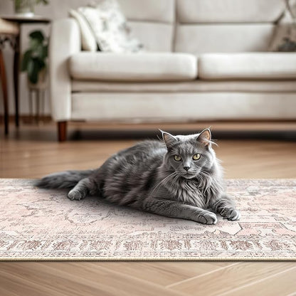 BESTSWEETIE 2x8 Area Rug Washable Rugs for Living Room, No Pile Boho Carpet for Entryway Bedroom Dinning Room, Vintage Carpet Print Distressed Non-Slip, 2 x 8 ft, Pink Beige Grey