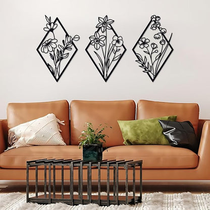 ShxTrade 3 Pcs Metal Flowers Wall Arts, Rustic Farmhouse Decor Minimalist Flower Wall Decors Natural Themed Home Decorations for Bathroom Kitchen Living Room Bedroom (Black)