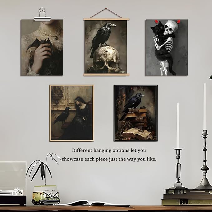 XYHYRA Vintage Gothic Wall Art Set of 6, Dark Academia Witchy Posters, Victorian Raven & Skull Prints, Halloween Home Decor for Living Room Bedroom Bathroom 12x16 Inch Unframed