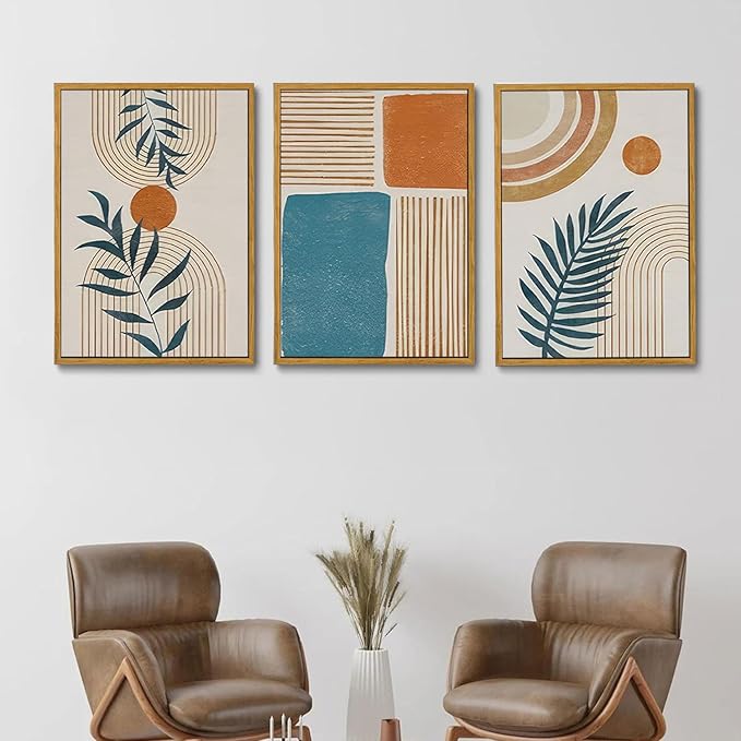 Bwodke Boho Wall Art, Framed Abstract Wall Art, Botanical Neutral Canvas Wall Decor, Large Mid Century Plant Pictures Set of 3, Modern Minimalist Paintings for Bedroom Living Room Bathroom
