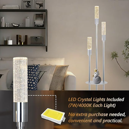 Bubble Crystal Floor Lamp with Shelves, 3 Lights Modern Standing Lamps for Living Room, Built-in LED Lights, Foot Switch, Industrial Tall Corner Floor Lamp for Bedroom Home Office, Silver