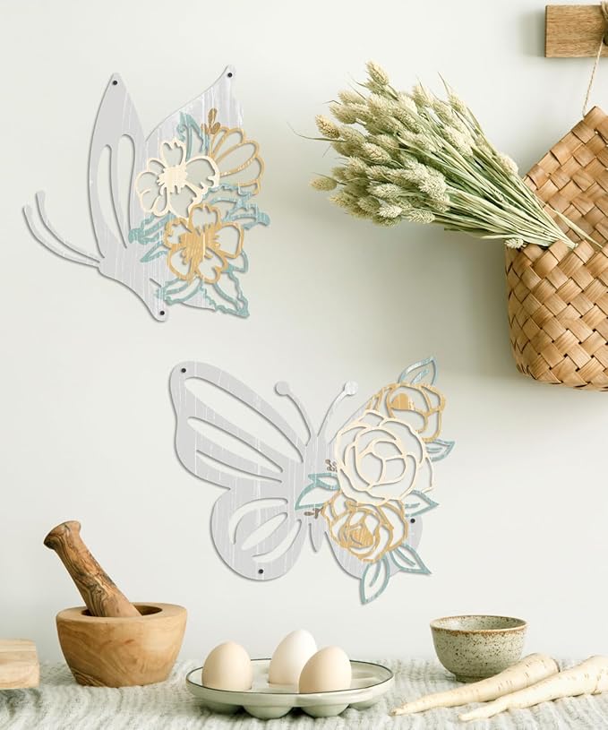 Putuo Decor 2 Pieces Butterfly Metal Wall Decor Floral Iron Wall Sculptures Modern Minimalist Butterfly Flower Wall Art for Living Room Bedroom Hallway Kitchen Bathroom Home Decoration