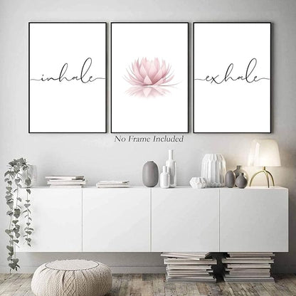 Pennclys Inhale Exhale Wall Art Zen Canvas Decor Yoga Lotus Wall Art Calming Meditation Artwork Pink Yoga Poster Zen Pictures Painting for Living Room Bedroom 24x36 Inch Unframed Set of 3