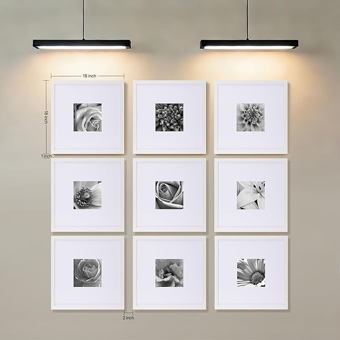 eletecpro 18x18 Picture Frames Set of 9, Classic Gallery Wall Frame Set for 8x8 Photos with Mat or 18x18 without Mat, Storyline Picture Frame for Art Prints, White Poster Frames for Home Decor Wall