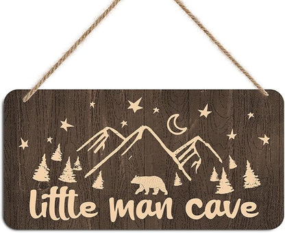 Little Man Cave Sign Door Wall Art Decor, Mountain Forest Bear Pattern Vintage Wooden Wall Decoration, Rustic Brown Hanging Sign for Bedroom Living Room Front Door