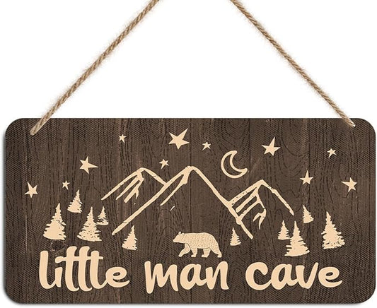 Little Man Cave Sign Door Wall Art Decor, Mountain Forest Bear Pattern Vintage Wooden Wall Decoration, Rustic Brown Hanging Sign for Bedroom Living Room Front Door