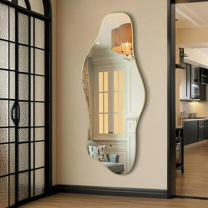 Irregular Wall Mirror, 60"x24" Large Asymmetrical Tempered Glass Mirror, Gold Modern Organic Frameless Mirrors for Living Room Bedroom Hallway Entryway, Horizontal or Vertical Hanging