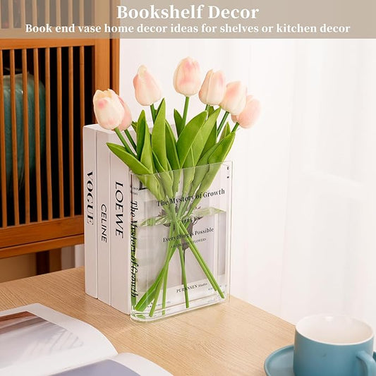 Puransen Clear Bookend Vase for Flowers - Aesthetic Room Decor for Modern Home/Office, Minimalist Shelf Organizer with Floral Display, for Book Lovers & Interior Design Enthusiasts