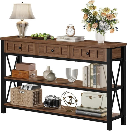 FATORRI Console Table for Entryway, Farmhouse Sofa Table with 3 Drawers for Living Room, Wood and Metal Hallway Tables with Storage and Couch Tables Behind Sofa (54.72 Inch Long, Medium Walnut)