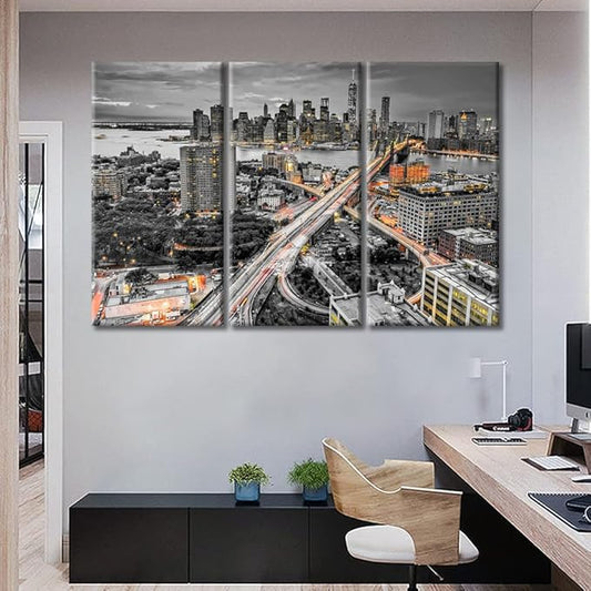 TUMOVO Brooke Bridge, Manhattan, New York Skyline Black and White Wall Art 3 Pieces Nighttime Lightscape Bedroom Living Room City Skyline Wall Decor for Living Room Framed Ready to Hang (60" Wx40 H)