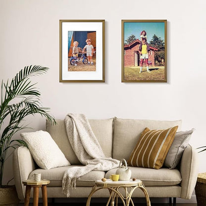 KINLINK 12x16 Picture Frame Brown, Solid Wood Frames with Acrylic Plexiglass for Pictures 11x14/9x12 with Mat or 12x16 without Mat,Wall Display Photo Frame, Set of 4