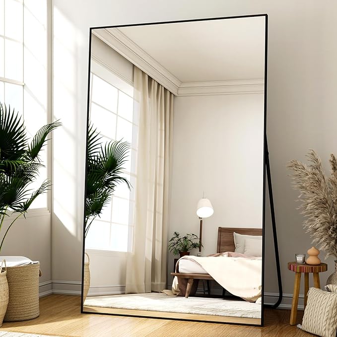 Easly Full Length Mirror with Stand 46"x76" Full Body Mirror Floor Mirror Standing Hanging or Leaning Wall, Wall Mirror with Stand Aluminum Alloy Frame for Living Room Bedroom Cloakroom,Black