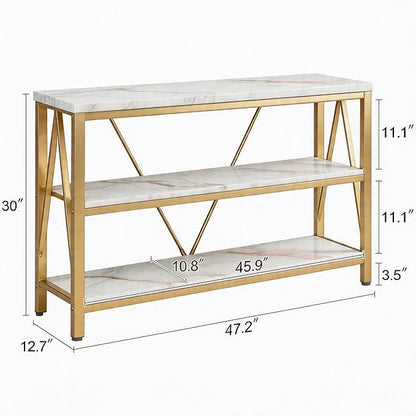 HOMISSUE Entryway Console Table, Rustic Console Tables with Wide Storage, Industrial Foyer for Entry with 3-Tier Open Shelves, Gold, 47 Inch