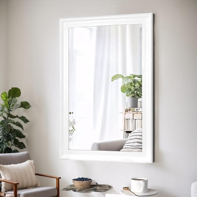 White Wood Mirror for Bathroom,Rectangle Rustic 30 x 40 inch Vanity Mirror for Wall,Wooden Wall-Mounted Hanging Mirror for Entryway,Bedroom or Living Room