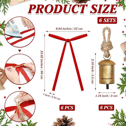 Suncalla 6 Pcs Rustic Gold Bells with 6 Pcs Red Velvet Bows Mini Handmade Hanging Ornament Decorative Antique Bells Velvet Bows for Xmas Tree Crafts Door Wreath Decoration DIY Party Supplies