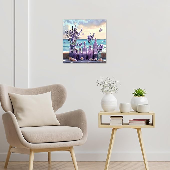 LB Ocean Purple Lavender Wall Art Purple Flower in Vase with Butterfly Canvas Wall Art Blue Sky and White Cloud Wall Art Decor for Living Room Bedroom Bathroom Office Framed Ready to Hang 12L x 12W