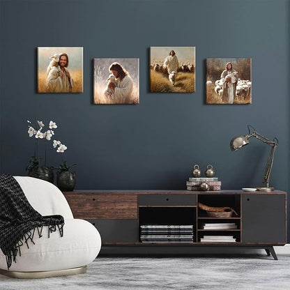 Jesus and Lamb Wall Art Set of 4 Christian Wall Decor Running After Lost Lamb Pictures Canvas Prints Vintage Jesus Theme Paintings Christ The Good Shepherd Artwork Home Decorations 12x12”