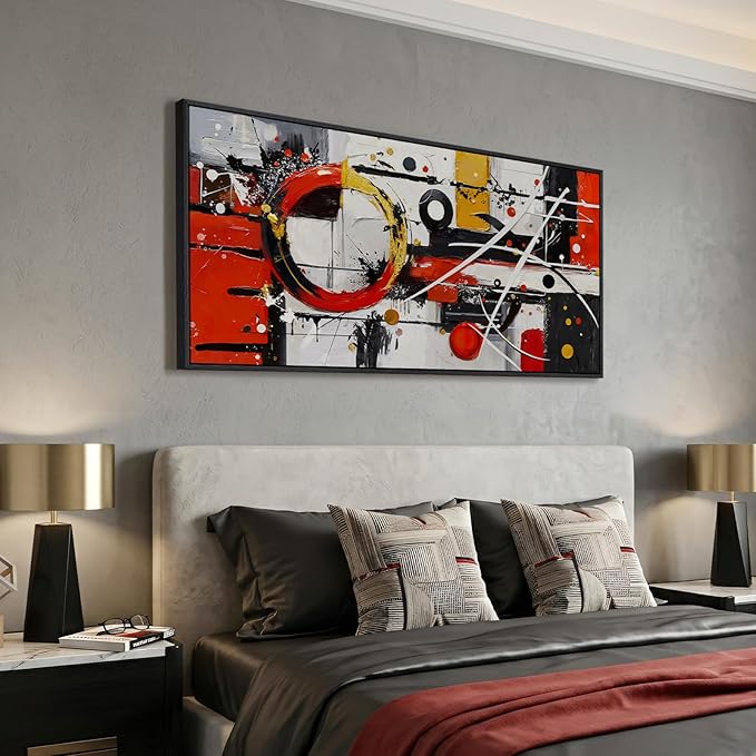 Extra Large Framed Red Black White Gold Abstract Wall Art for Living Room, Oversized Modern Horizontal Canvas Prints, Red and Black Geometric Abstract Pictures for Bedroom Hallway Wall Decor 30x60 In