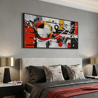 Extra Large Framed Red Black White Gold Abstract Wall Art for Living Room, Oversized Modern Horizontal Canvas Prints, Red and Black Geometric Abstract Pictures for Bedroom Hallway Wall Decor 30x60 In
