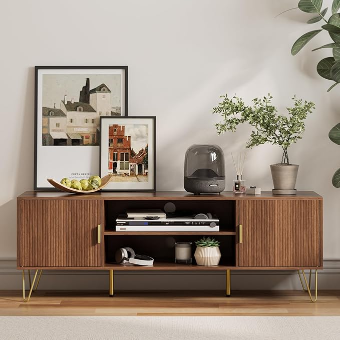 TV Stand for 55-65 Inch TV, Entertainment Center with Soft Hinge Door,TV Console Table with 2 Cabinets with Gold Handle and Feet,for Living Room, Bedroom, Walnut