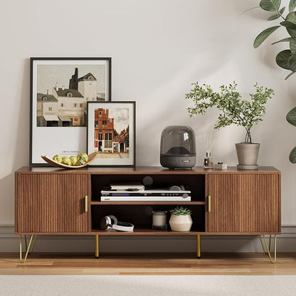 TV Stand for 55-65 Inch TV, Entertainment Center with Soft Hinge Door,TV Console Table with 2 Cabinets with Gold Handle and Feet,for Living Room, Bedroom, Walnut