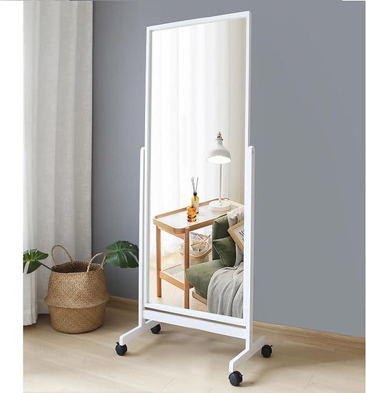 Swivel Tilting Full Length Mirror on Wheels 65"x22", Pine Wood Frame Cheval Floor Rolling Mirror Full Body with Standing Holder for Bedroom, Babershop, Home Gym, Angle Adjustable (White)